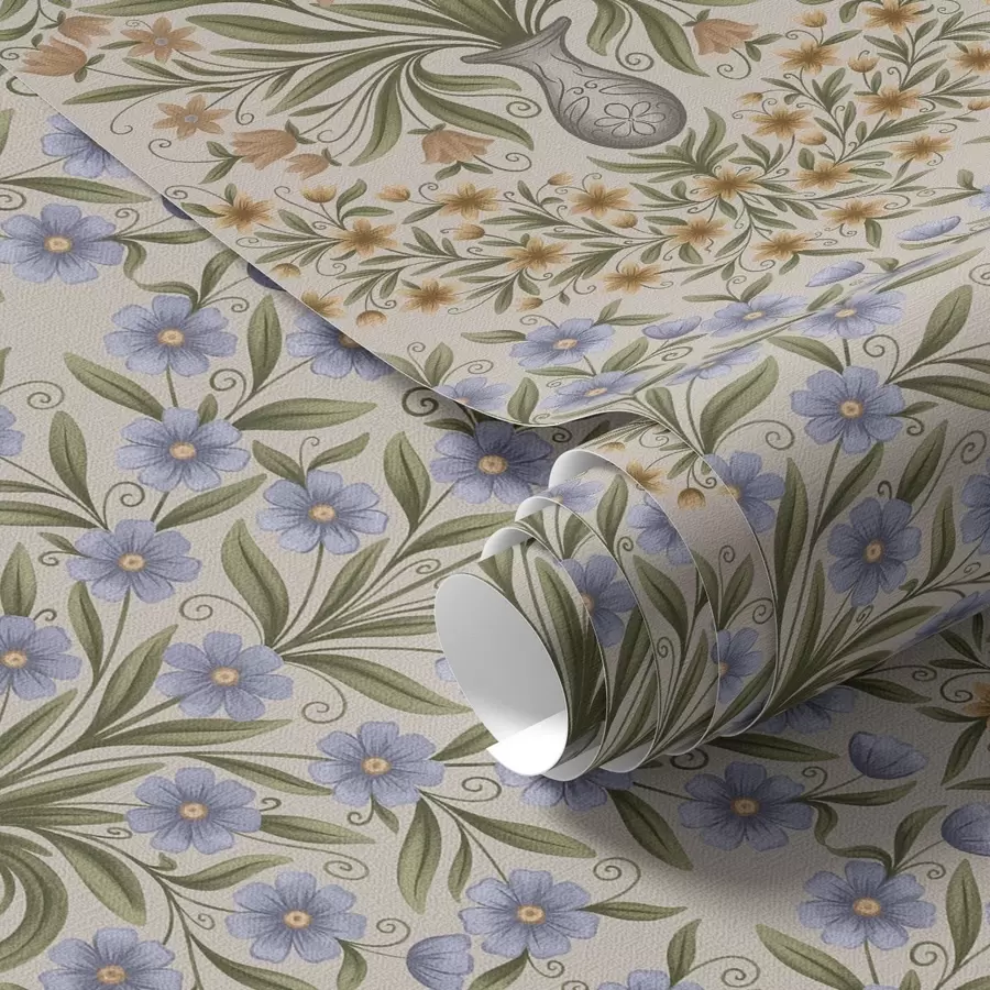 Papier peint Vases folkloriques avec fleurs bleues et feuilles d'olivier sur fond rose pâle a00900