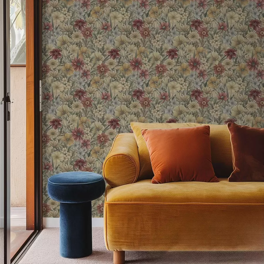 Papier peint Fleurs des champs vintage dans des tons chauds de jaune, rouge et sauge a00906