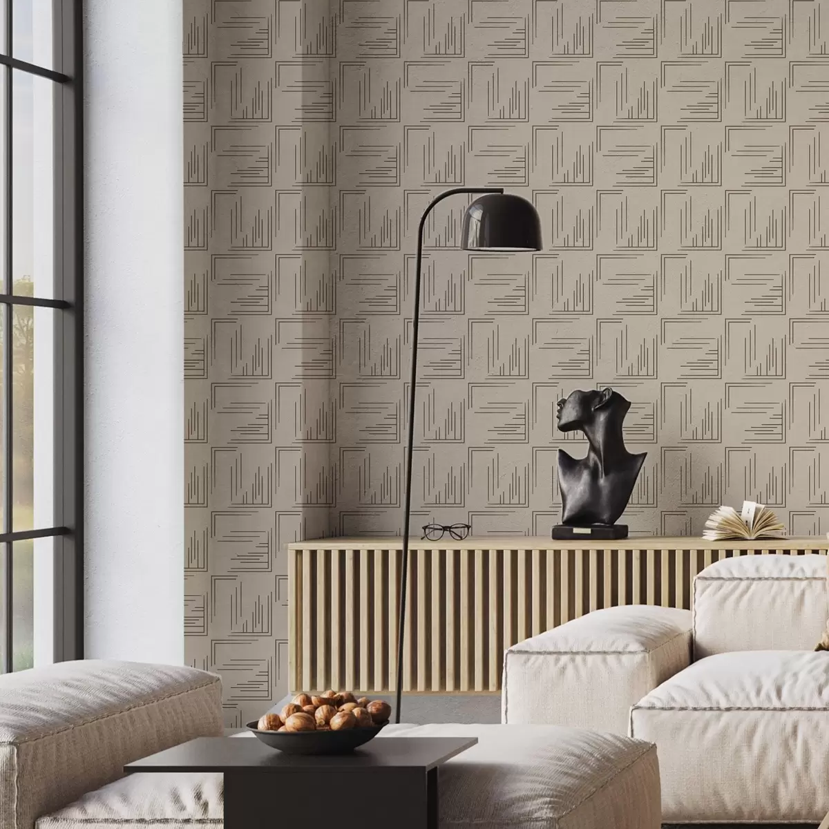 Papier peint Grands carrés d'angle en cacao avec remplissages de lignes variés, sable a00913