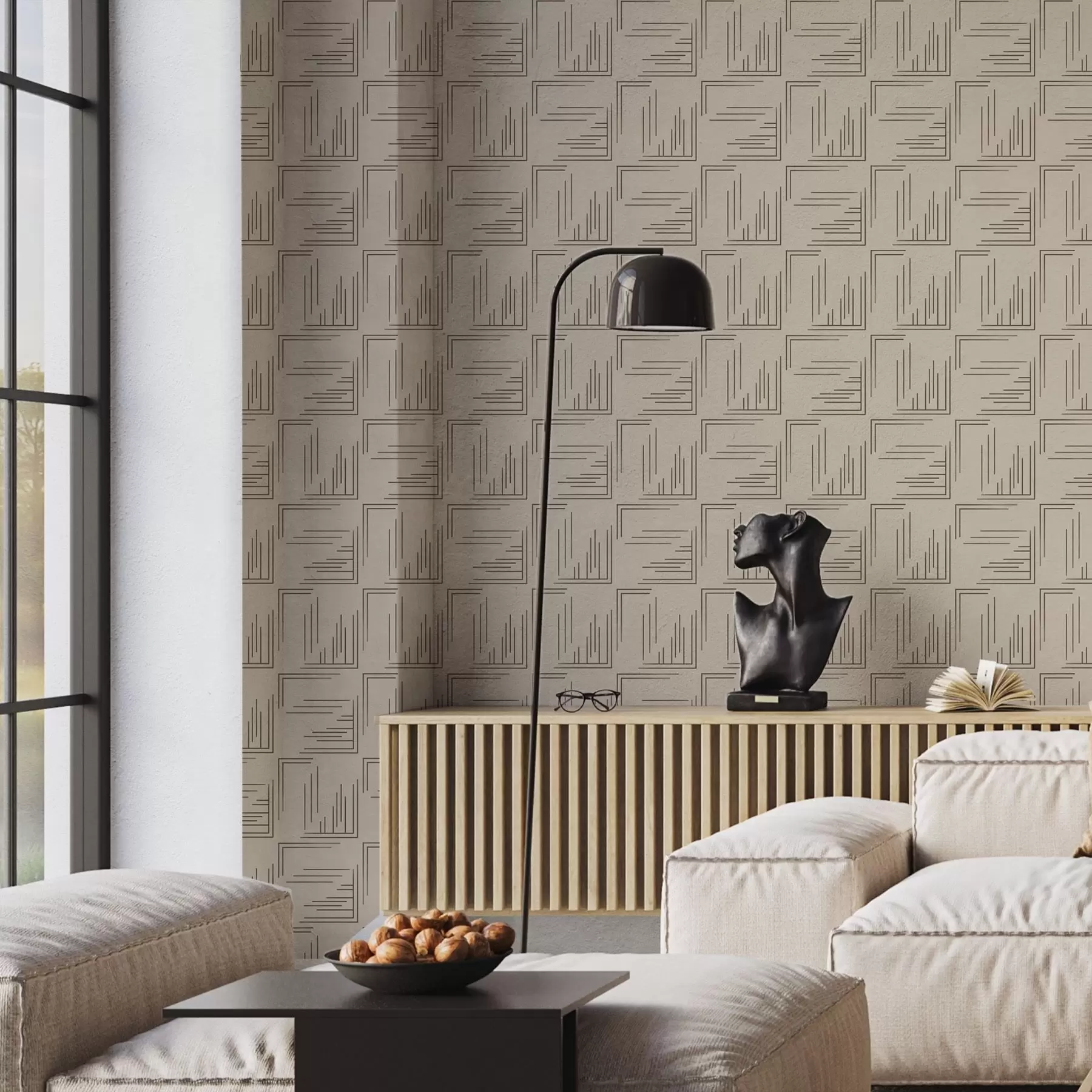 Papier peint Grands carrés d'angle en cacao avec remplissages de lignes variés, sable a00913
