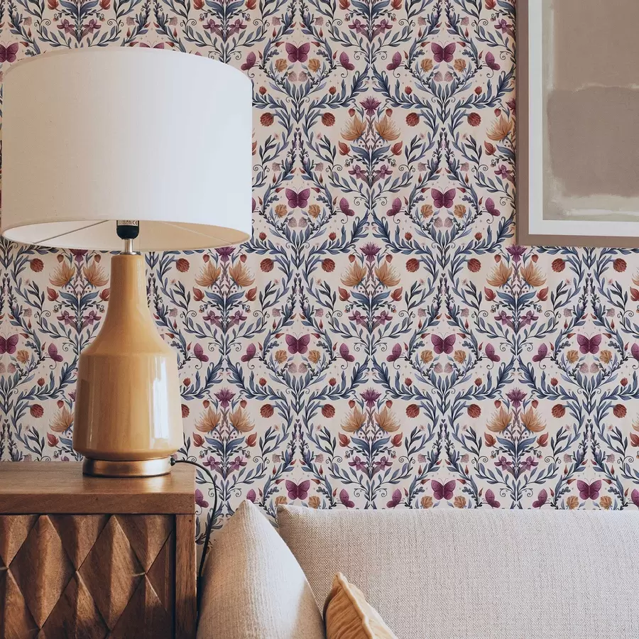 Papier peint Damassé floral avec papillons sur fond pêche clair a00926