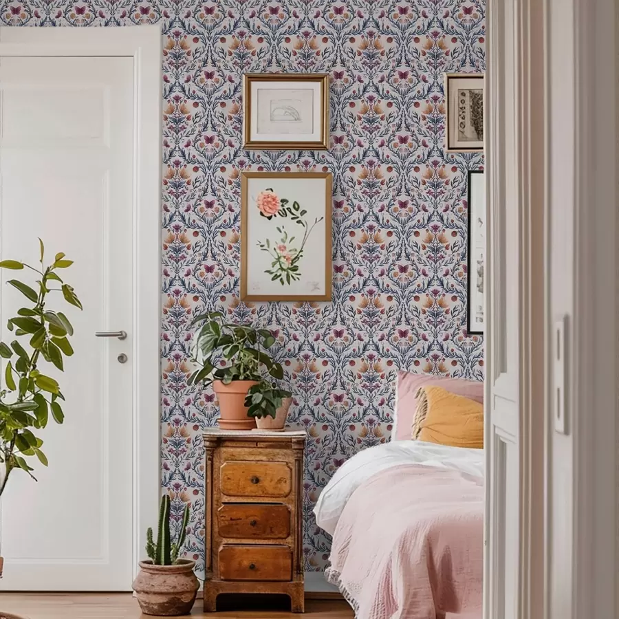 Papier peint Damassé floral avec papillons bleu marine et terracotta sur fond blanc a00926v1