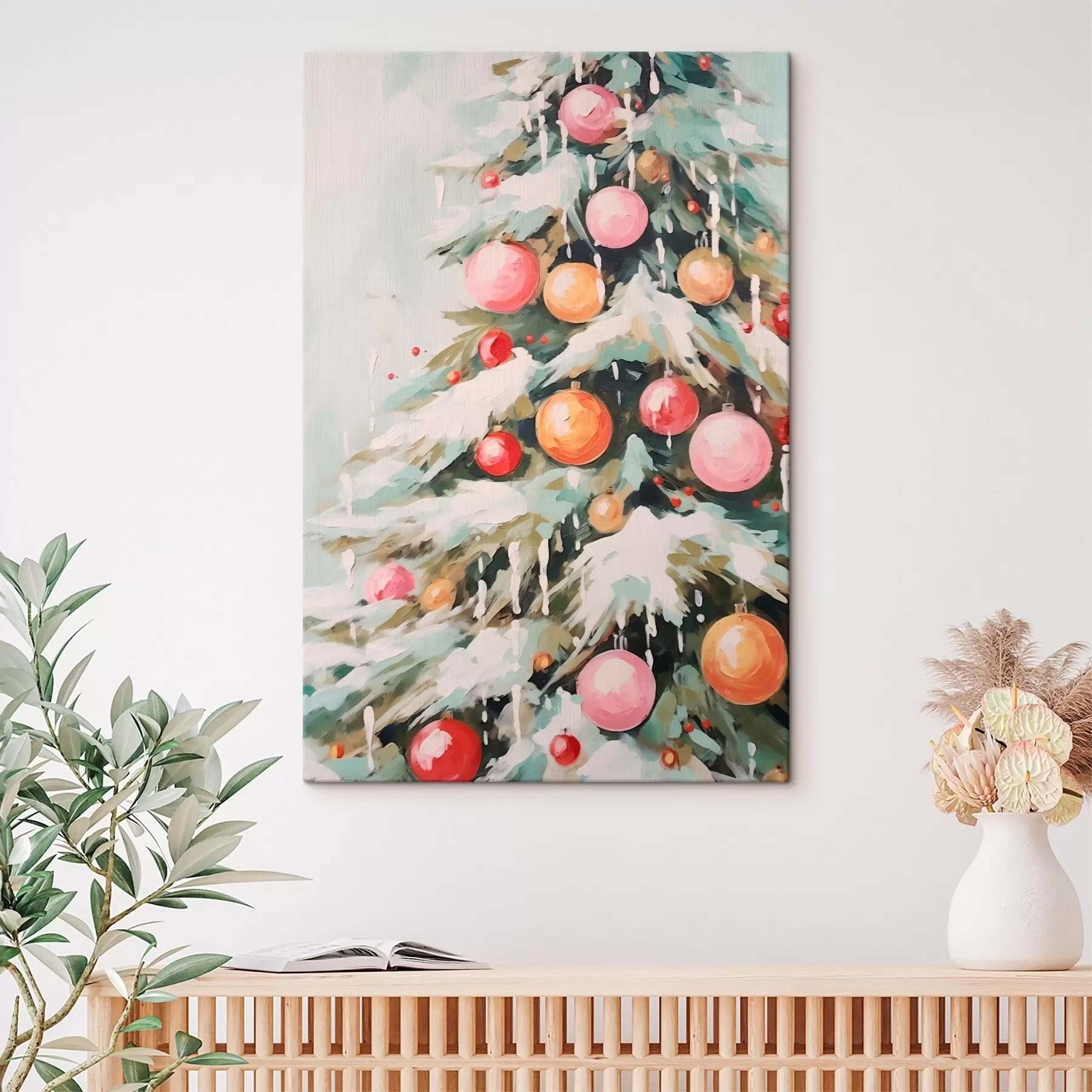 Tableau Sapin de Noël avec neige et boules roses s46480
