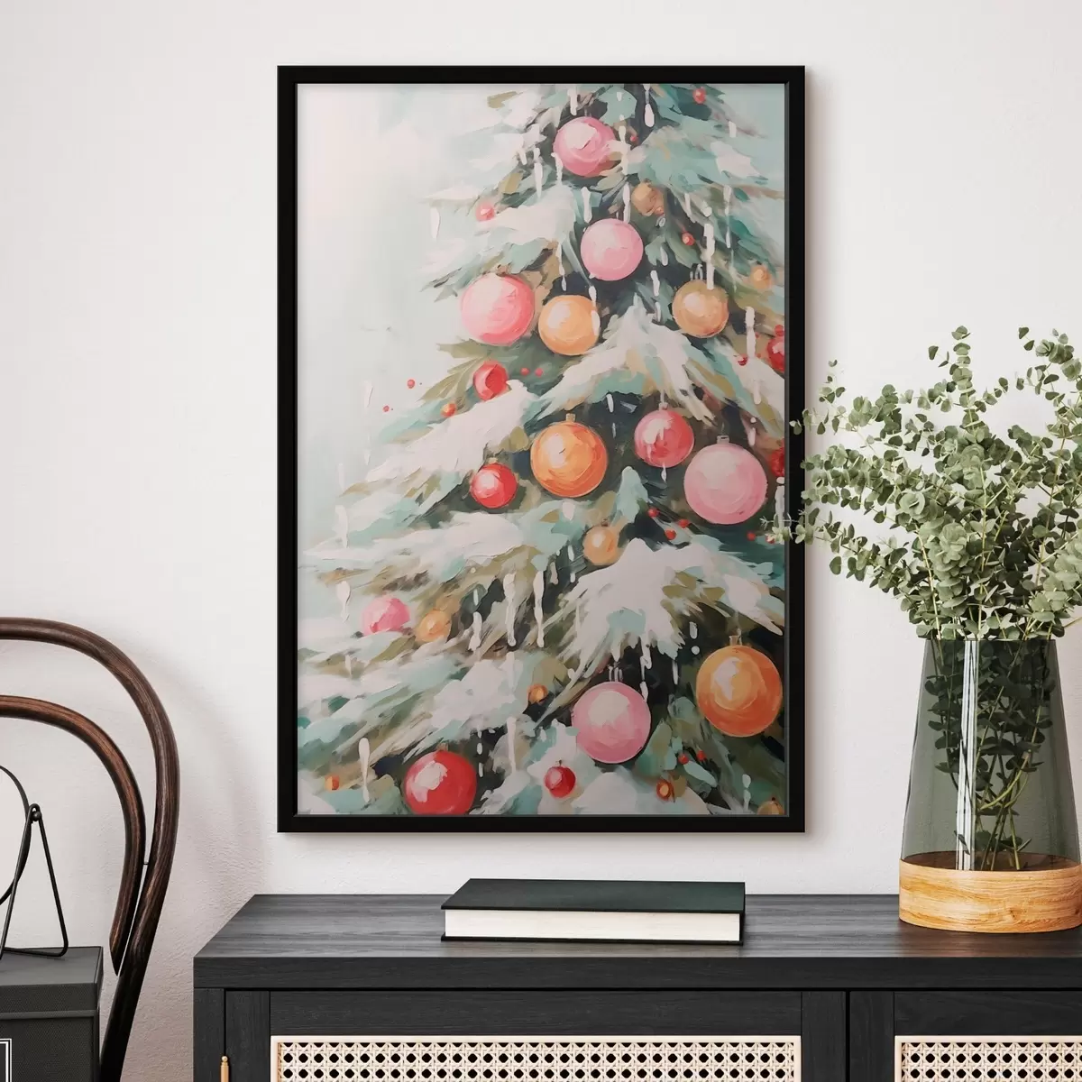 Poster Sapin de Noël avec neige et boules roses f46480