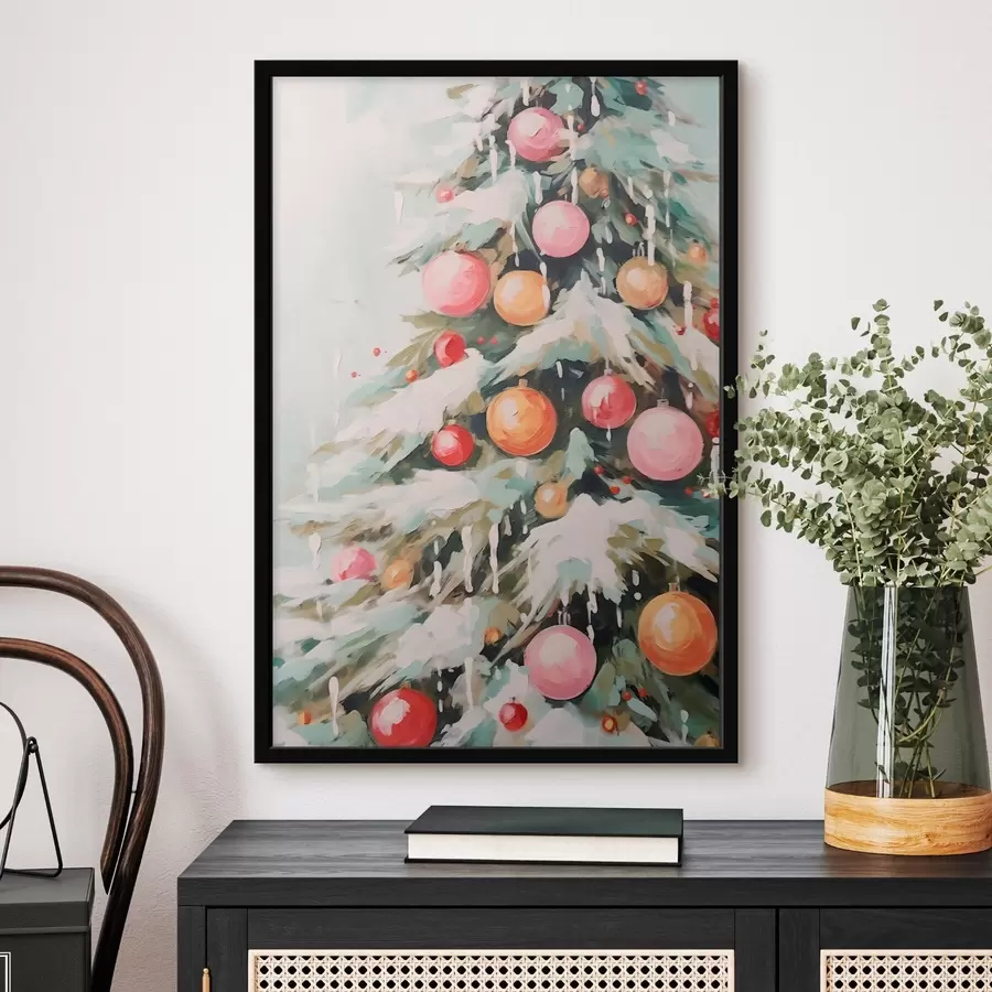 Papier peint Sapin de Noël avec neige et boules roses f46480