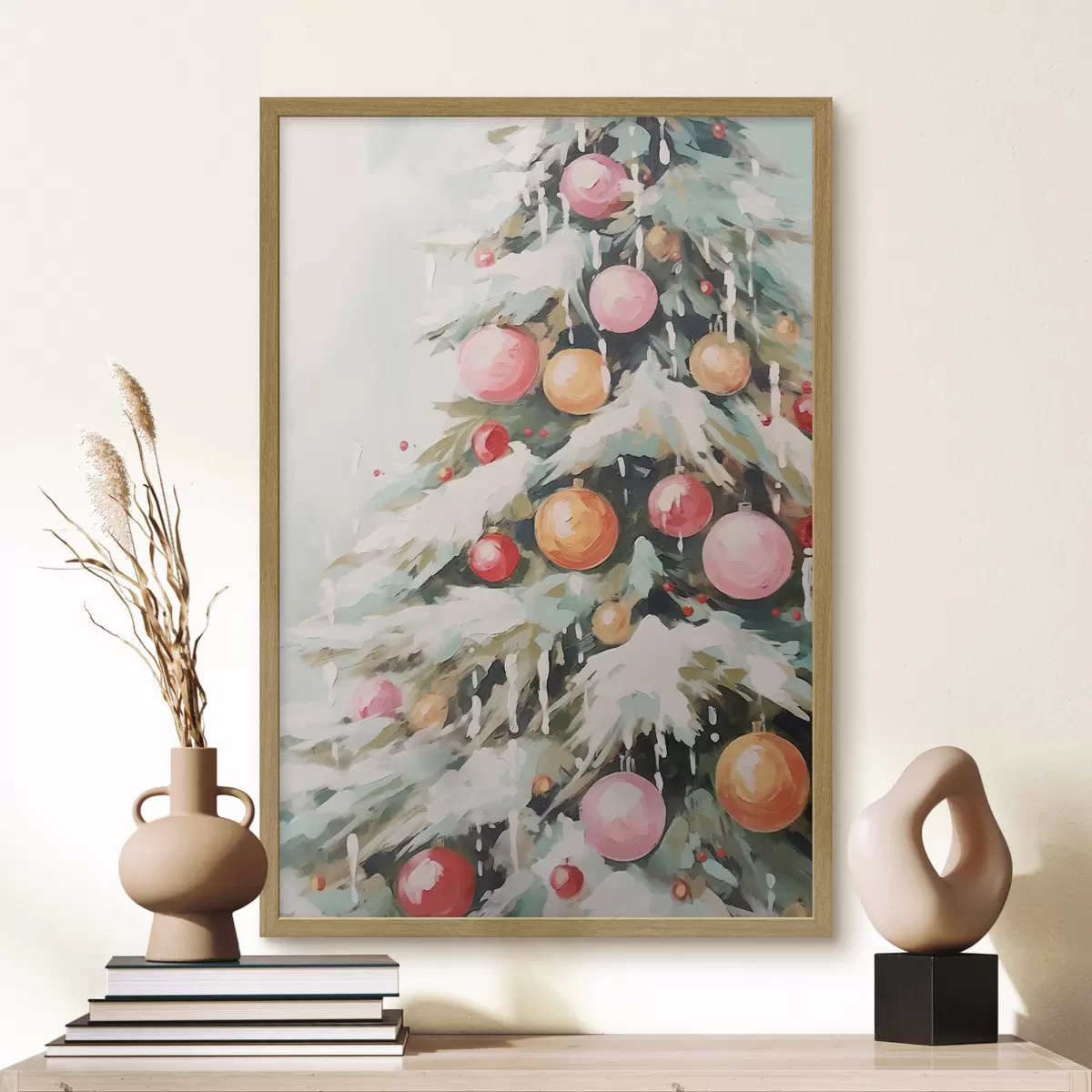 Poster Sapin de Noël avec neige et boules roses f46480