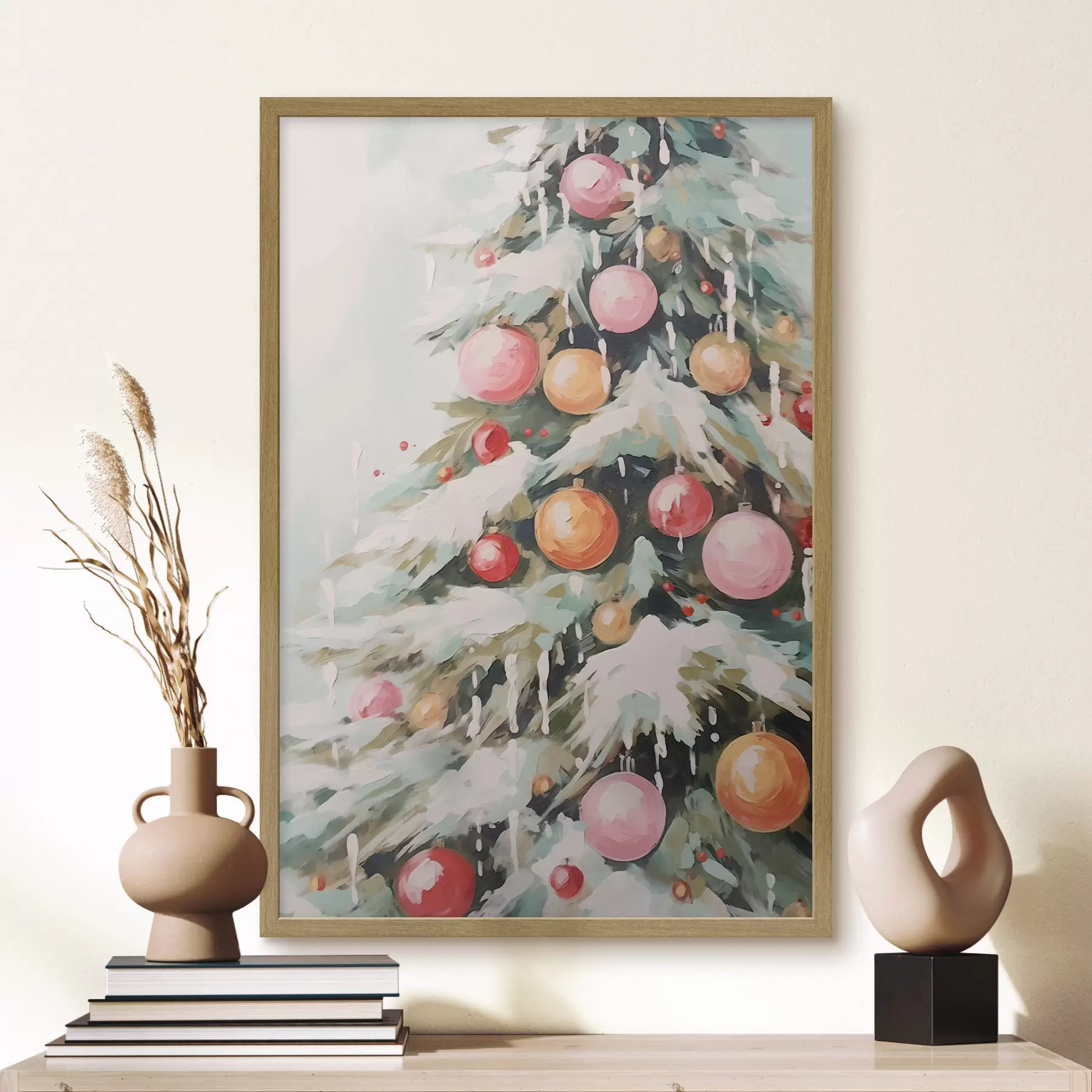 Papier peint Sapin de Noël avec neige et boules roses f46480