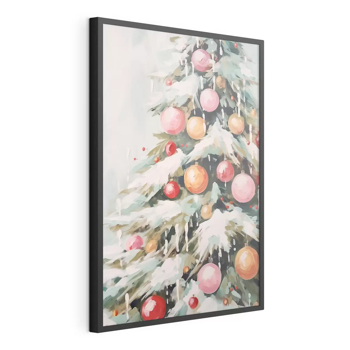 Poster Sapin de Noël avec neige et boules roses f46480