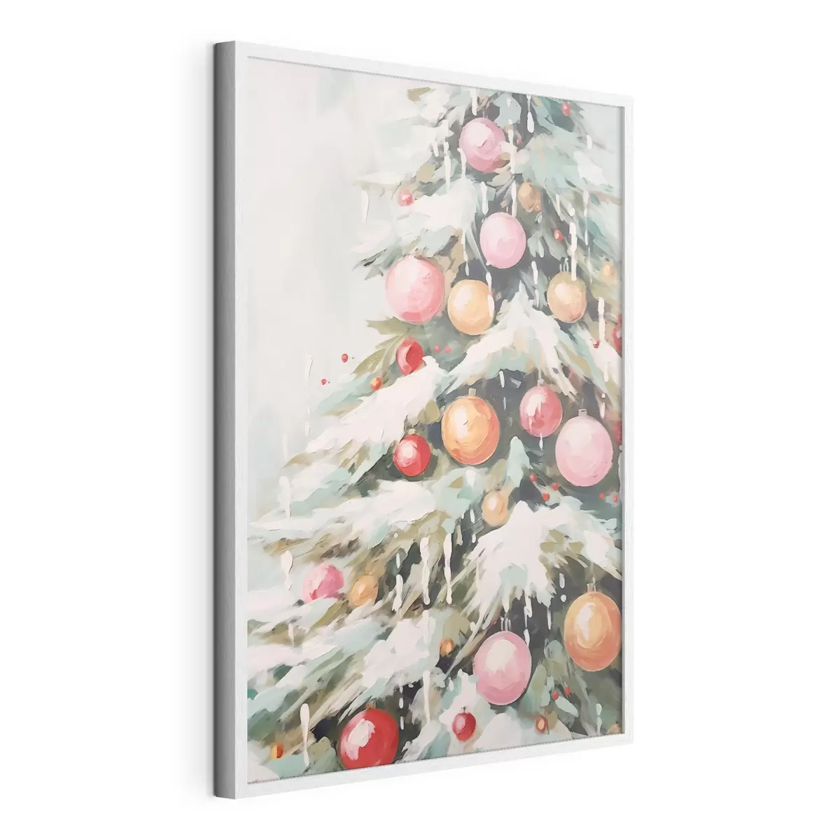 Poster Sapin de Noël avec neige et boules roses f46480