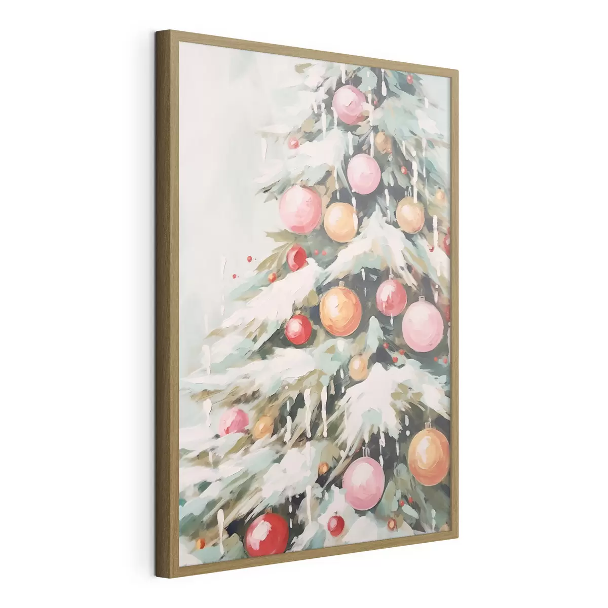 Poster Sapin de Noël avec neige et boules roses f46480
