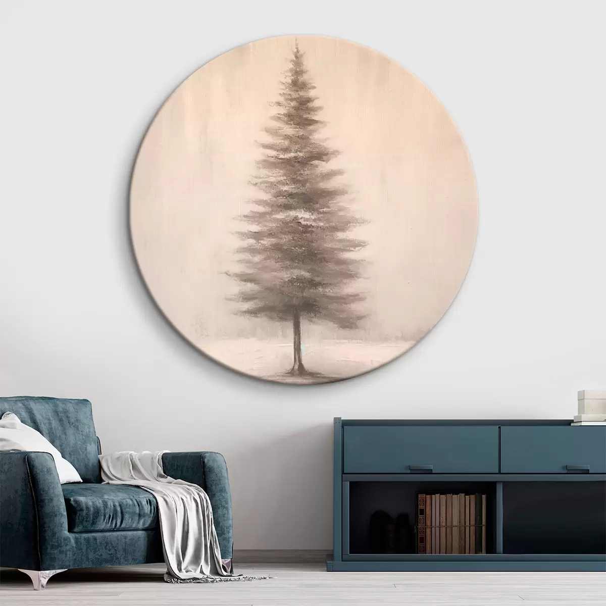 Tableaux rondes Sapin monochrome. Paysage hivernal minimaliste. r46465