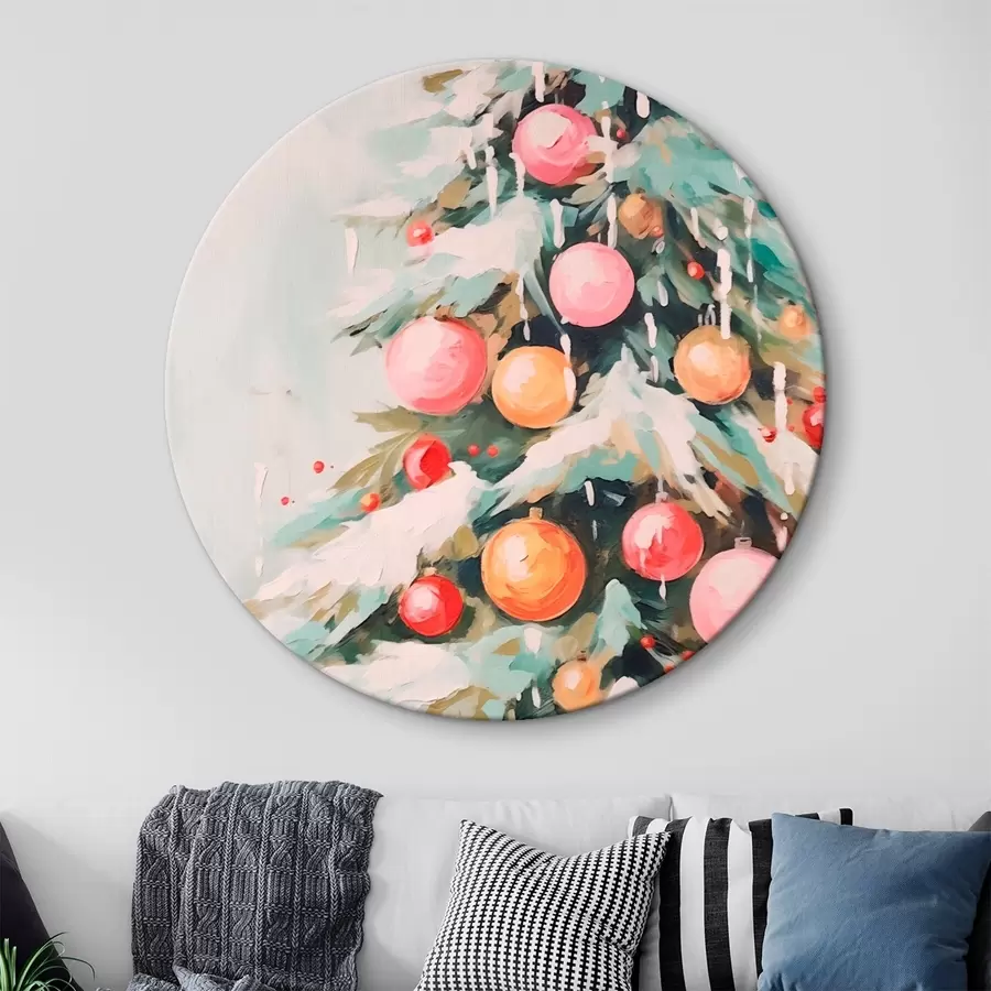 Tableau Sapin de Noël avec neige et boules roses r46480