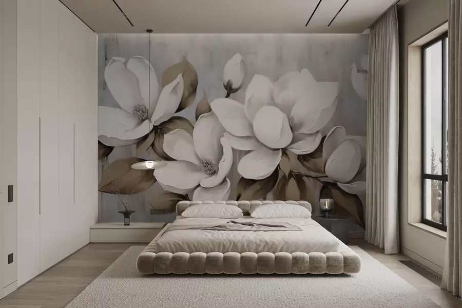 Papier peint Grandes fleurs de magnolia avec des feuilles taupe sur fond brossé w04785