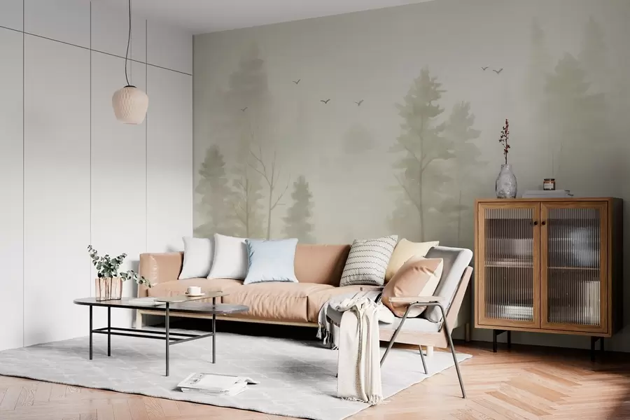 Papier peint forêt aérienne de style aquarelle dans des tons beiges w04872