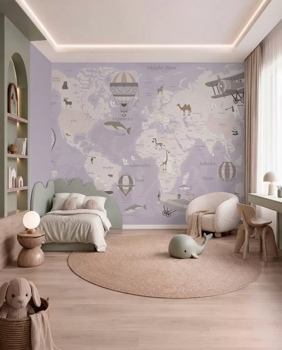 Papier peint Carte du monde pour enfants avec des animaux, des avions et des montgolfières. En allemand. Couleur violette. c00003dev4