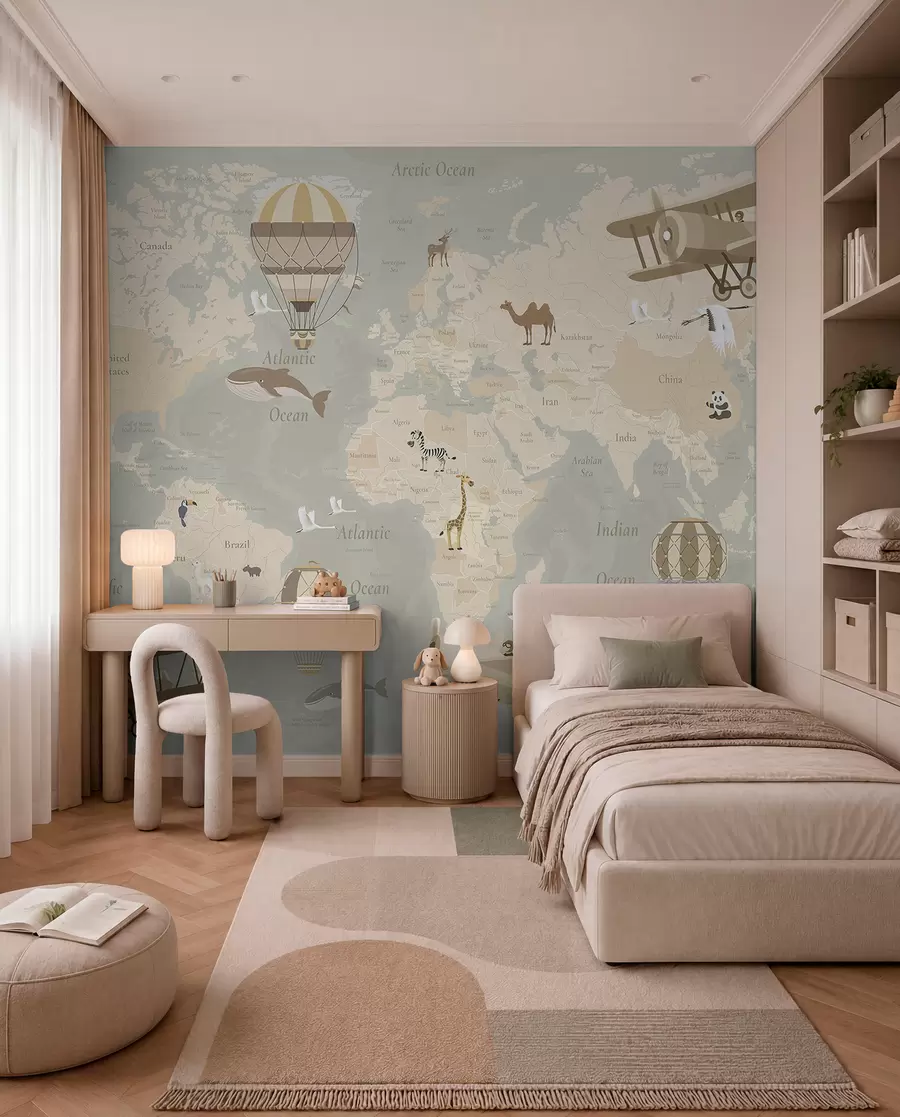 Papier peint Carte du monde pour enfants avec des animaux, des avions et des montgolfières. En anglais. Couleur beige. c00003en