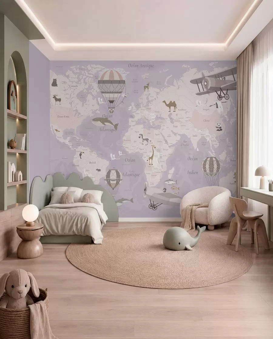 Papier peint Carte du monde pour enfants avec des animaux, des avions et des montgolfières. En français. Couleur violette. c00003frv4