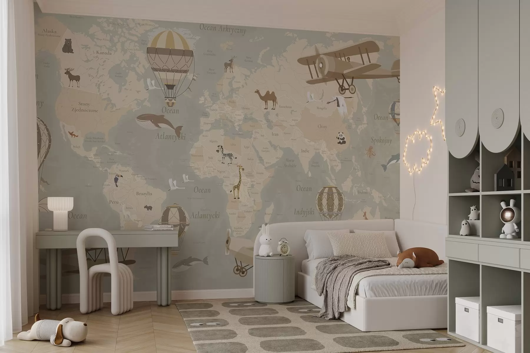 Papier peint Carte du monde pour enfants avec des animaux, des avions et des montgolfières. En polonais. Couleur beige. c00003pl
