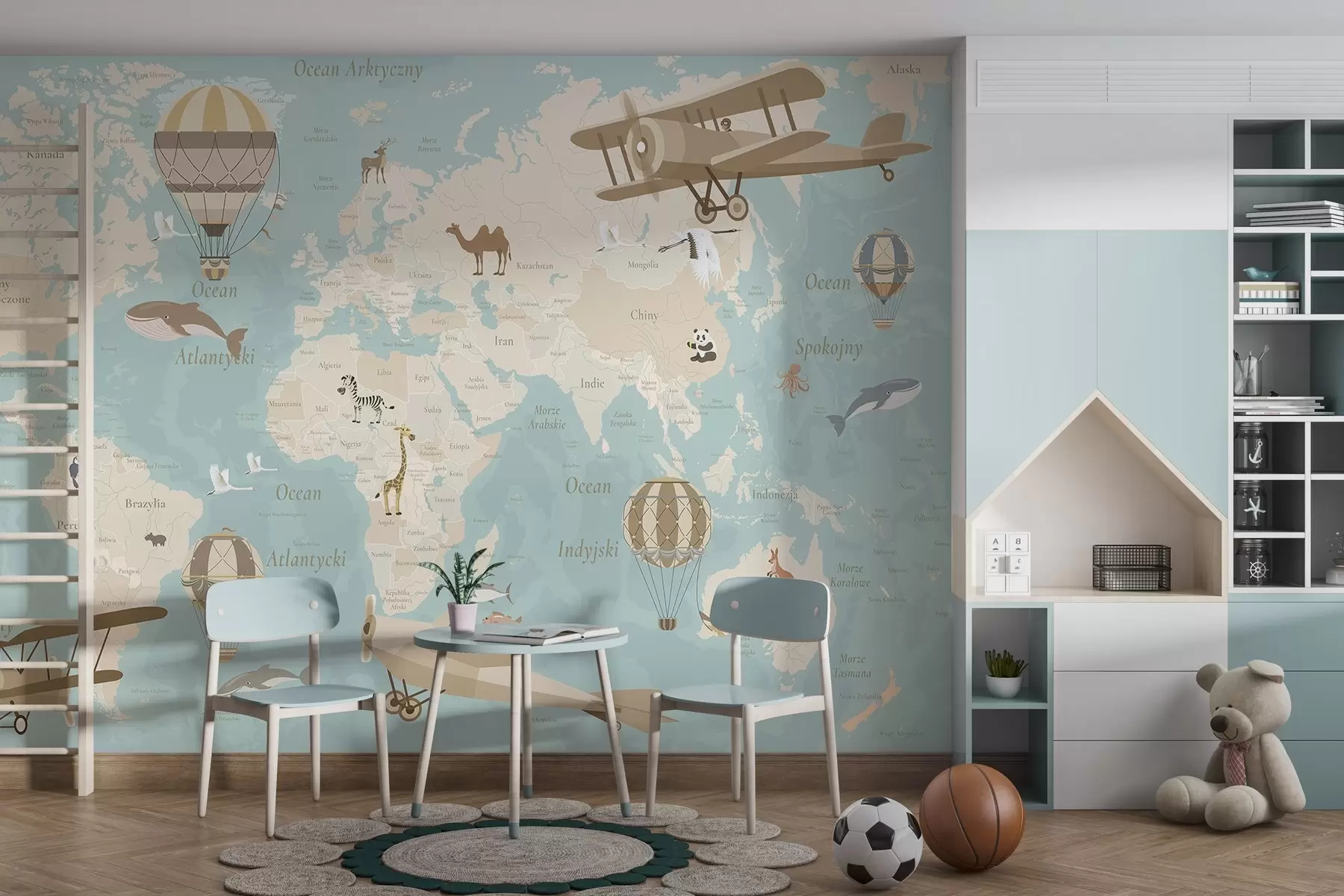 Papier peint Carte du monde pour enfants avec des animaux, des avions et des montgolfières. En polonais. Couleur bleue. c00003plv1