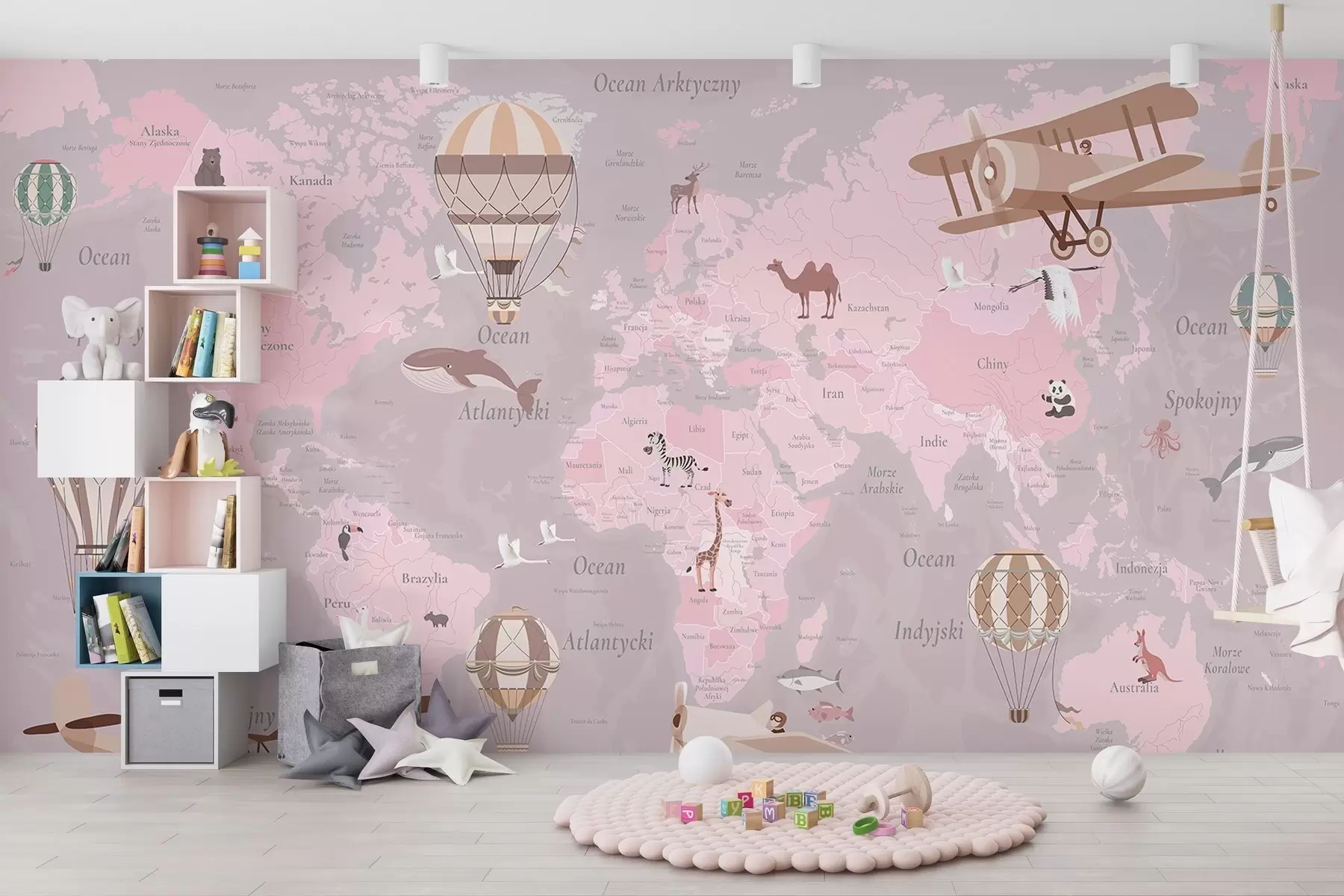 Papier peint Carte du monde pour enfants avec des animaux, des avions et des montgolfières. En polonais. Couleur rose. c00003plv3