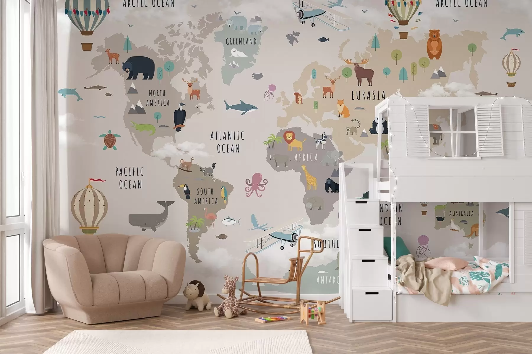 Papier peint Carte du monde pour enfants avec des animaux et des montgolfières. En anglais. c00002en