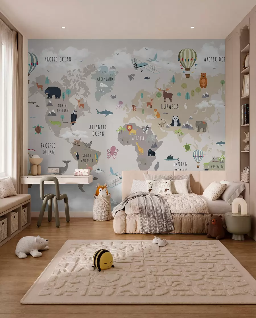 Papier peint Carte du monde pour enfants avec des animaux et des montgolfières. En anglais. c00002en