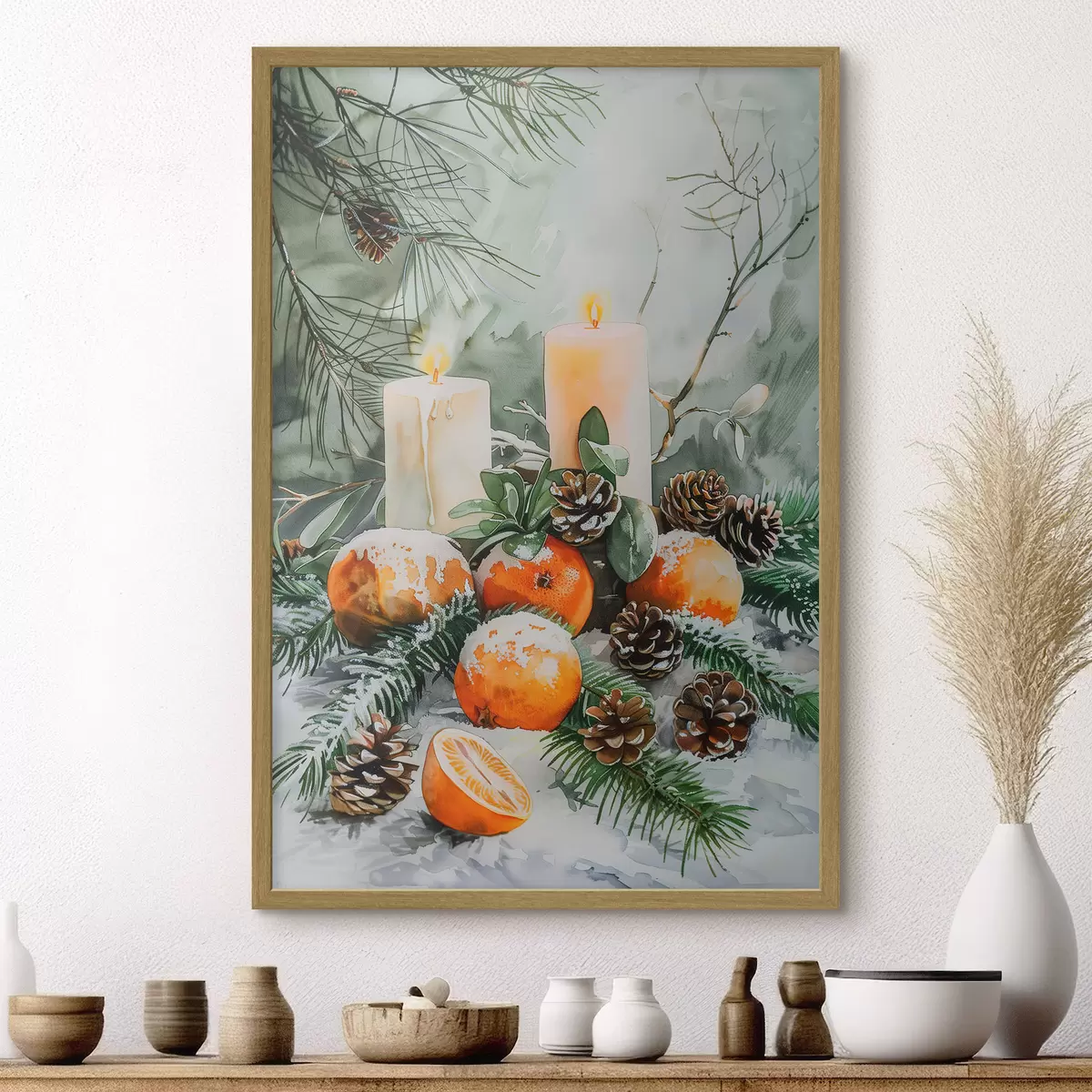 Poster Bougies, mandarines et pommes de pin f46614
