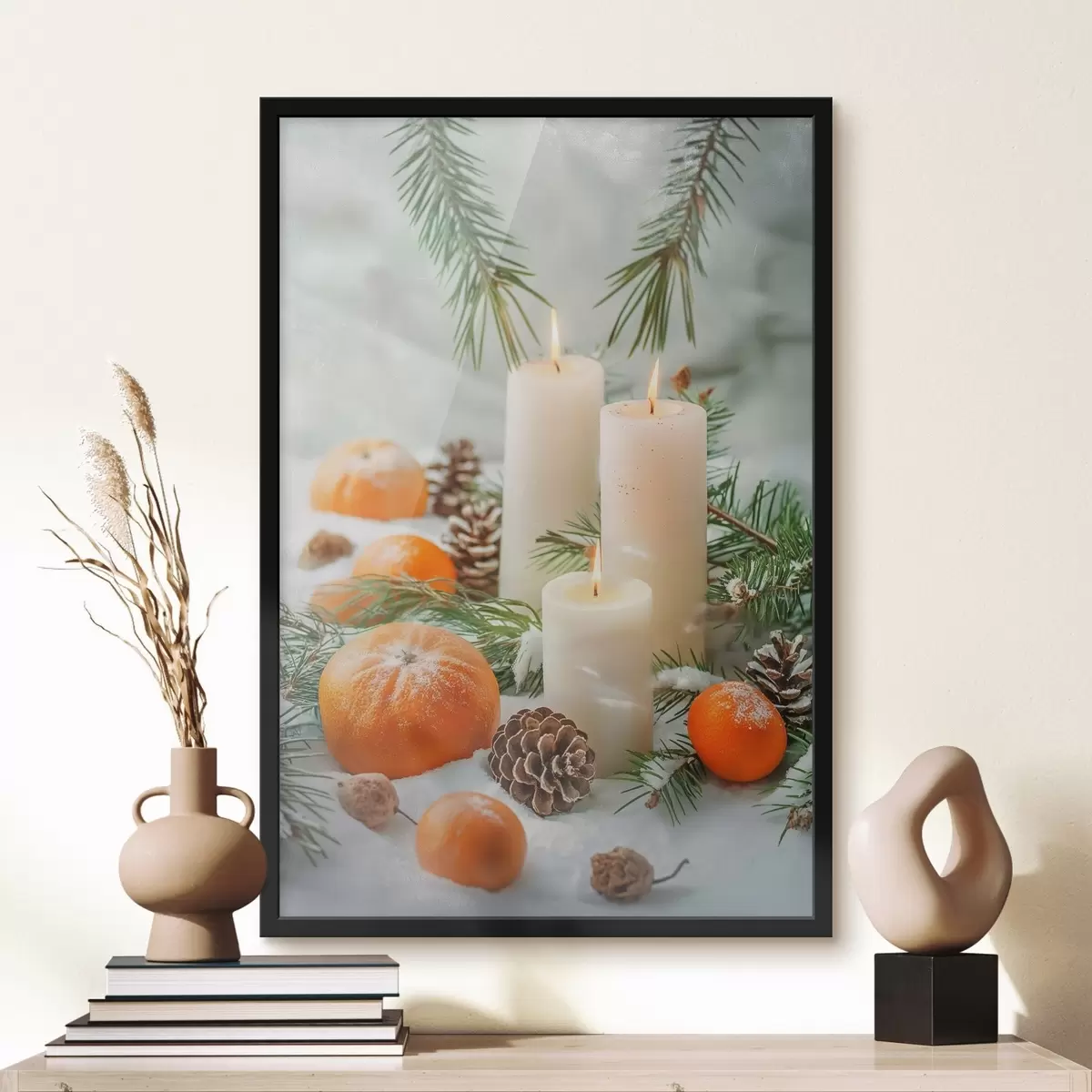 Poster Bougies, mandarines et pommes de pin f46615