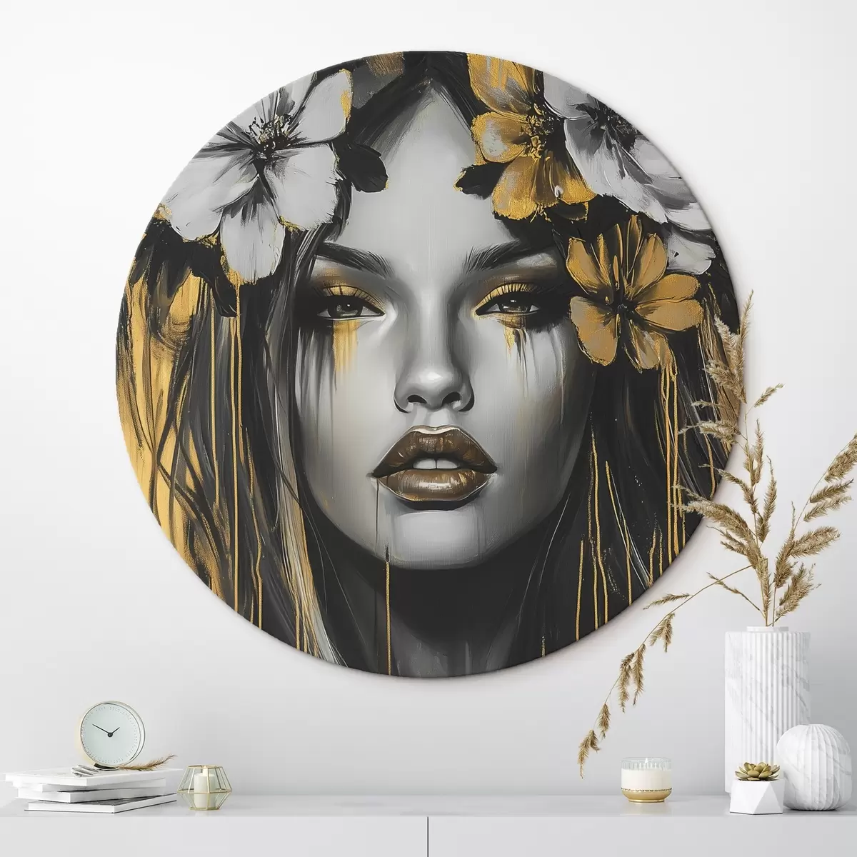 Tableaux rondes Portrait abstrait d'une femme avec des fleurs r46454