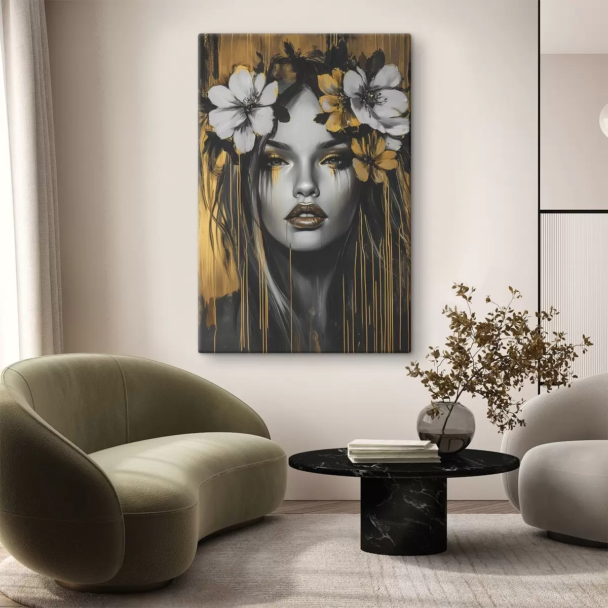 Tableau Portrait abstrait d'une femme avec des fleurs s46454