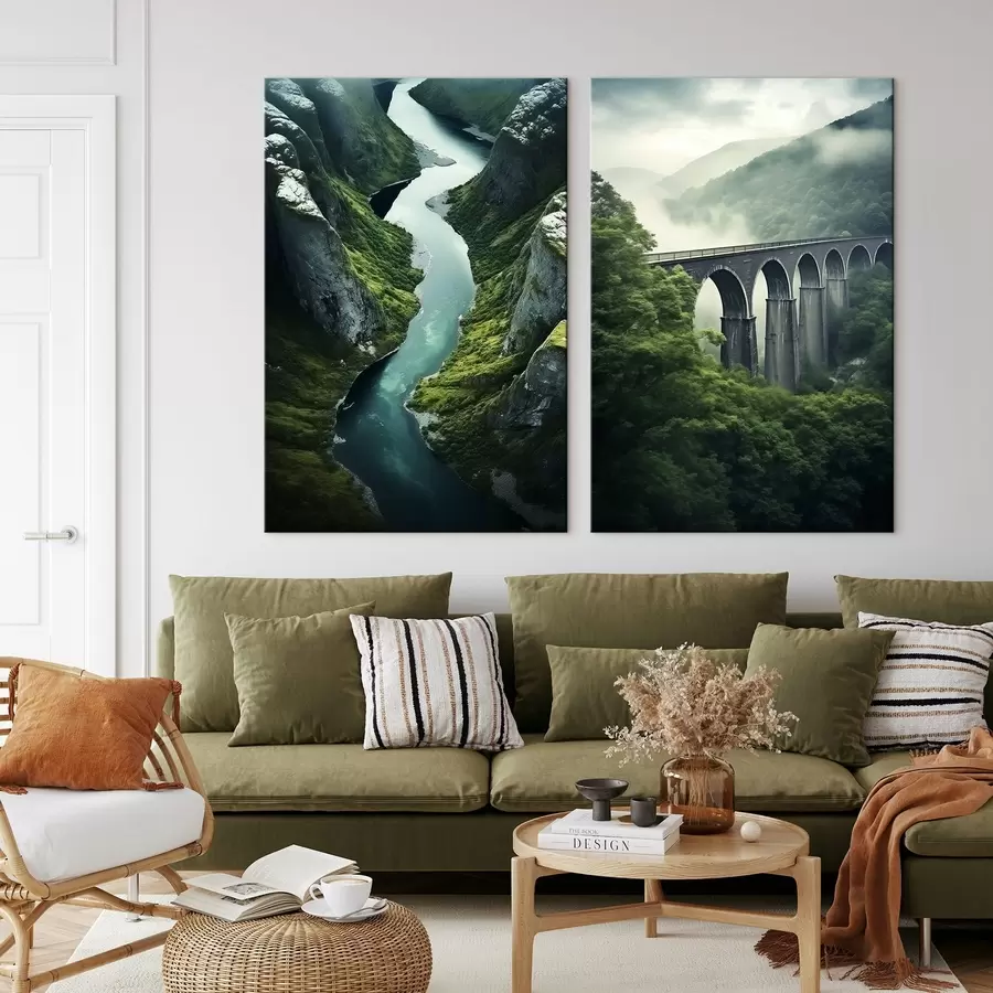 Tableau Canyon aérien et viaduc brumeux dans les collines verdoyantes m00967