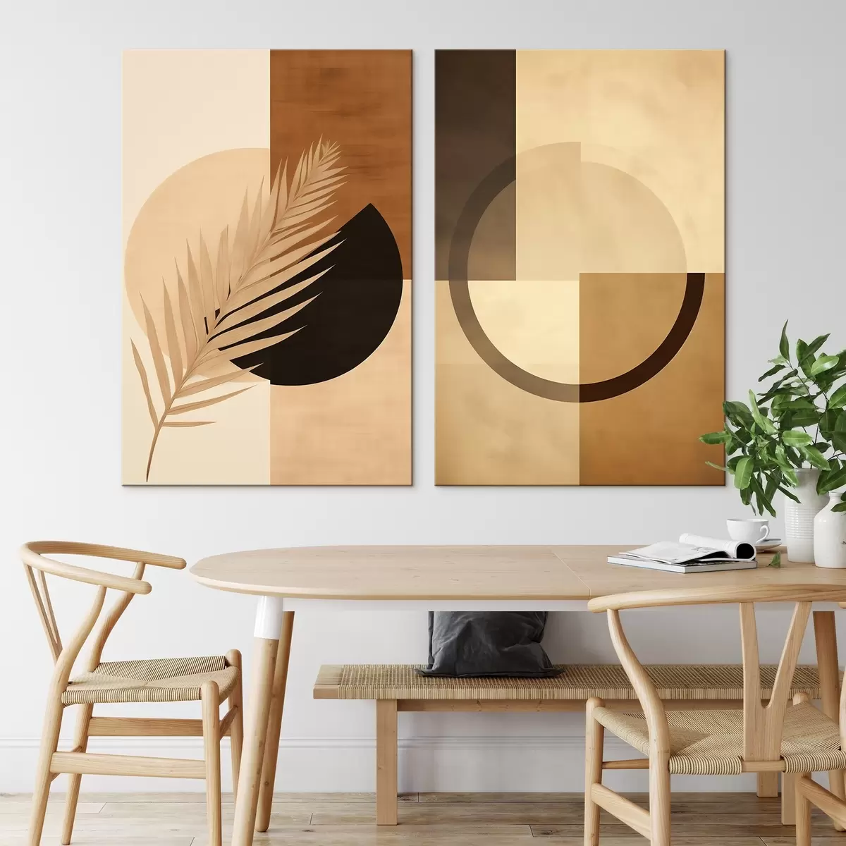 Tableau Géométrie en terre cuite et beige avec motif de feuilles de palmier m00968