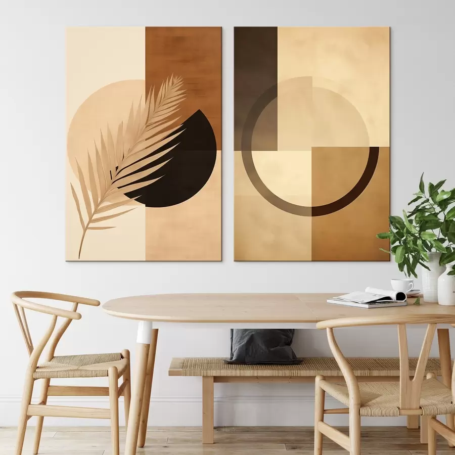Tableau Géométrie en terre cuite et beige avec motif de feuilles de palmier m00968