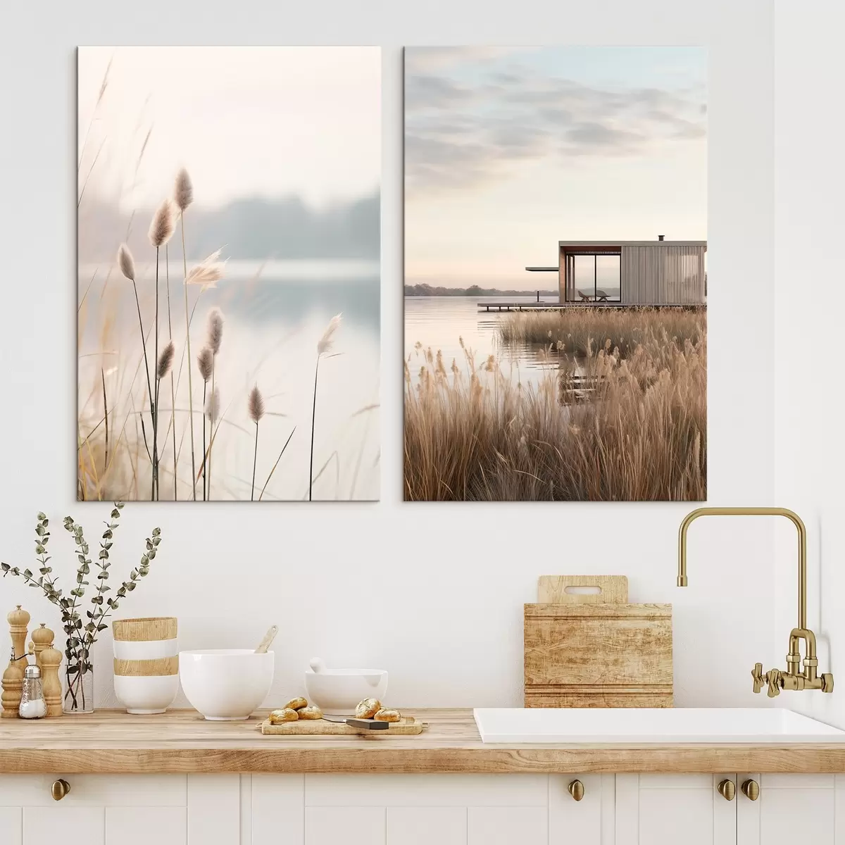 Tableau Des roseaux souples au bord d'un lac calme et une cabane moderne sur la rive m00970