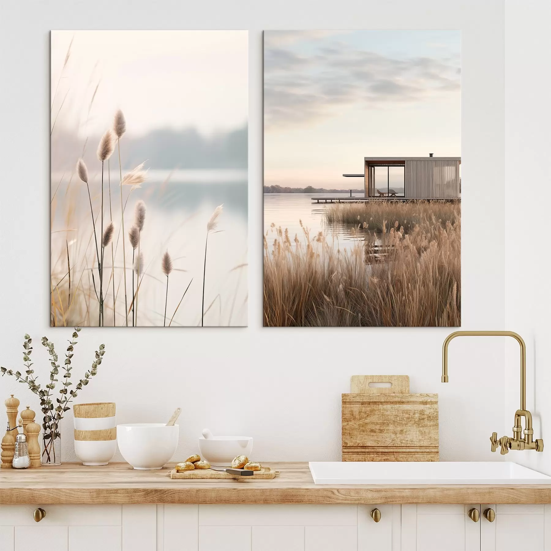 Tableau Des roseaux souples au bord d'un lac calme et une cabane moderne sur la rive m00970