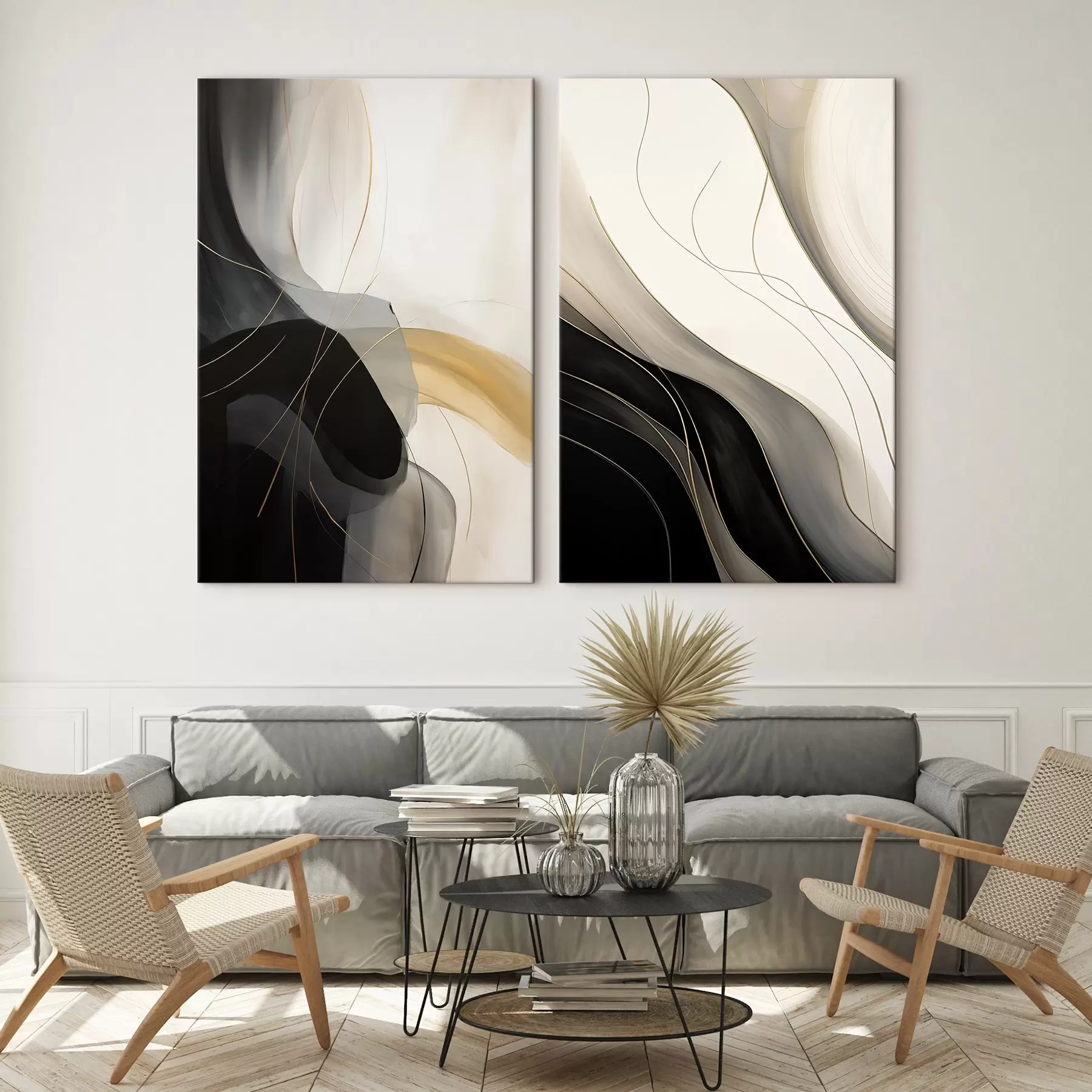 Tableau Courbes monochromes avec fins filaments métalliques m00972