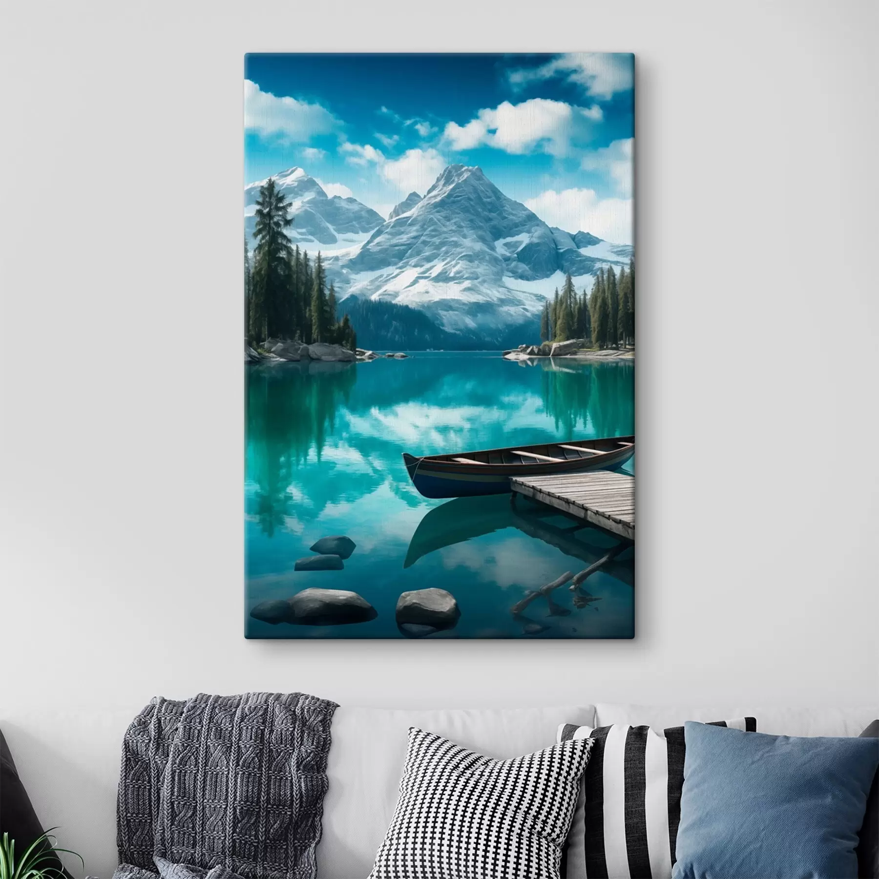 Tableau Lac alpin avec canoë et sommets enneigés s46481