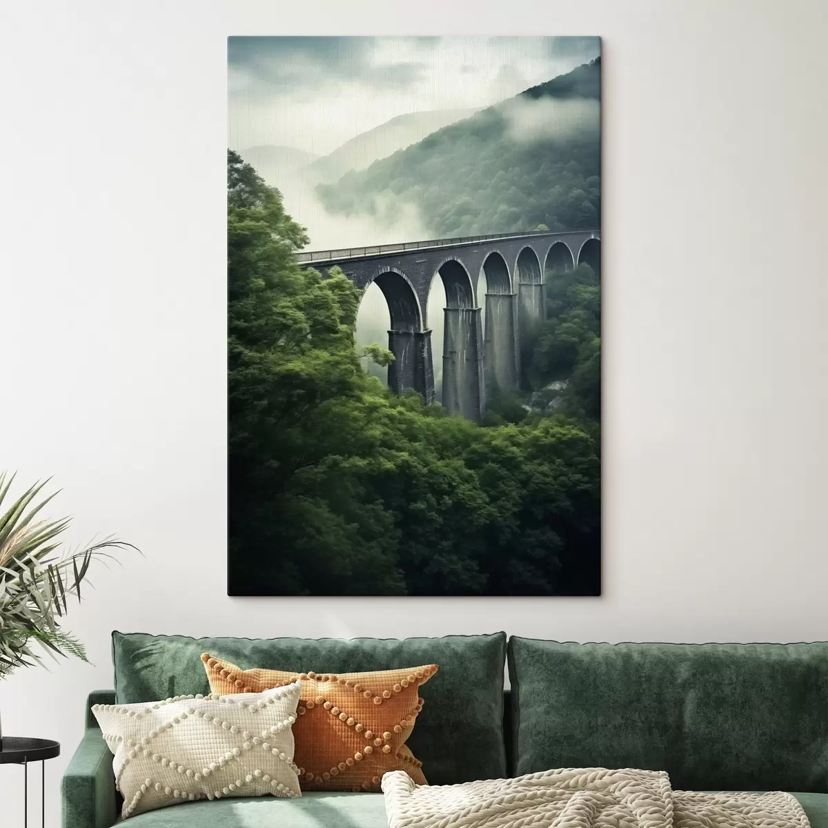 Tableau Viaduc en pierre au-dessus d'une vallée boisée brumeuse s46483