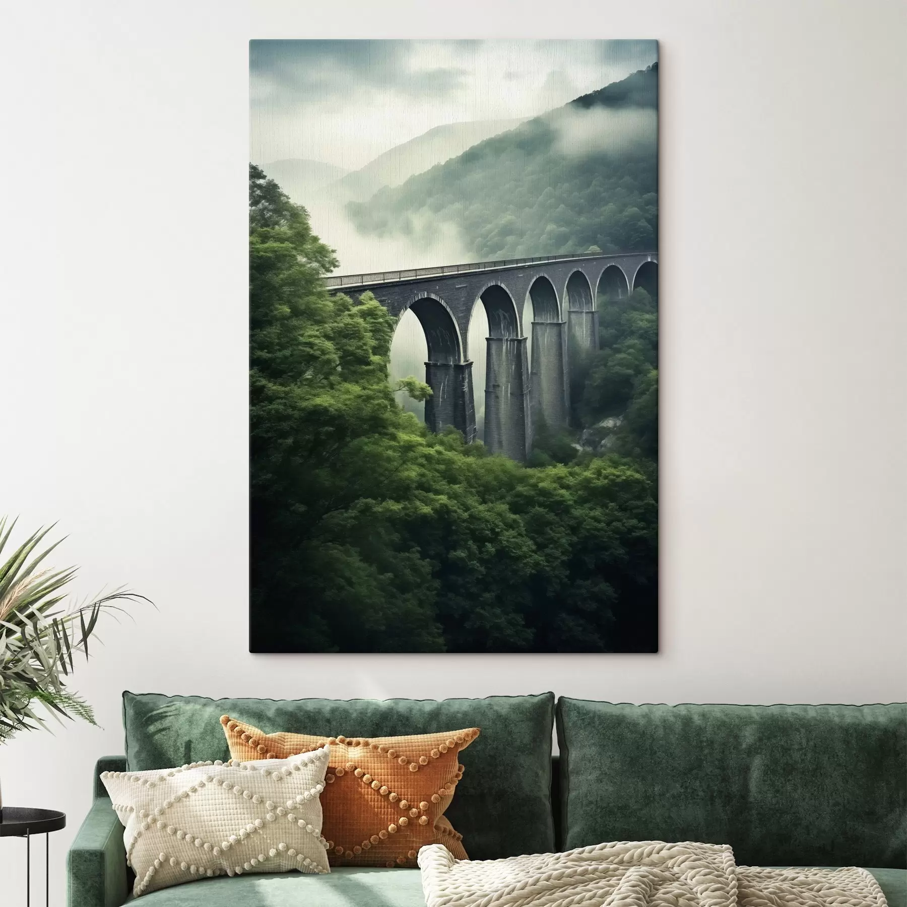 Tableau Viaduc en pierre au-dessus d'une vallée boisée brumeuse s46483