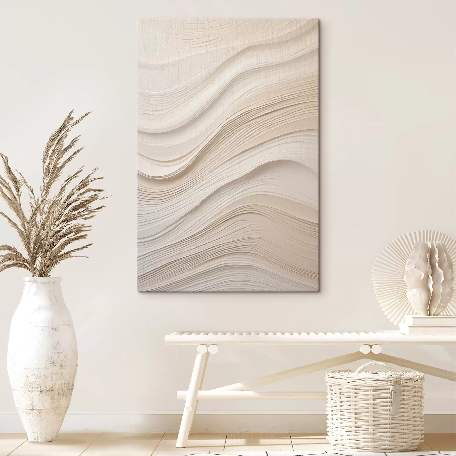 Tableau Vagues en relief superposées dans des tons sable, texture douce s46484