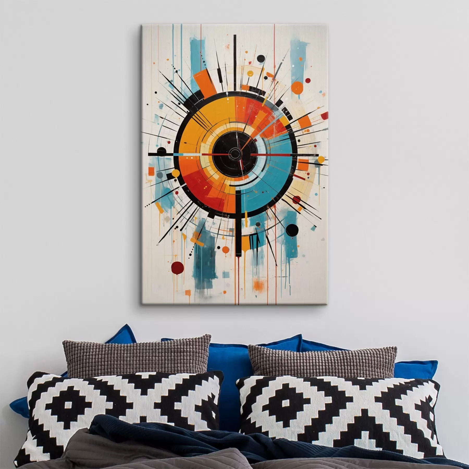 Tableau Éclatement radial en bleu sarcelle, orange et noir s46485