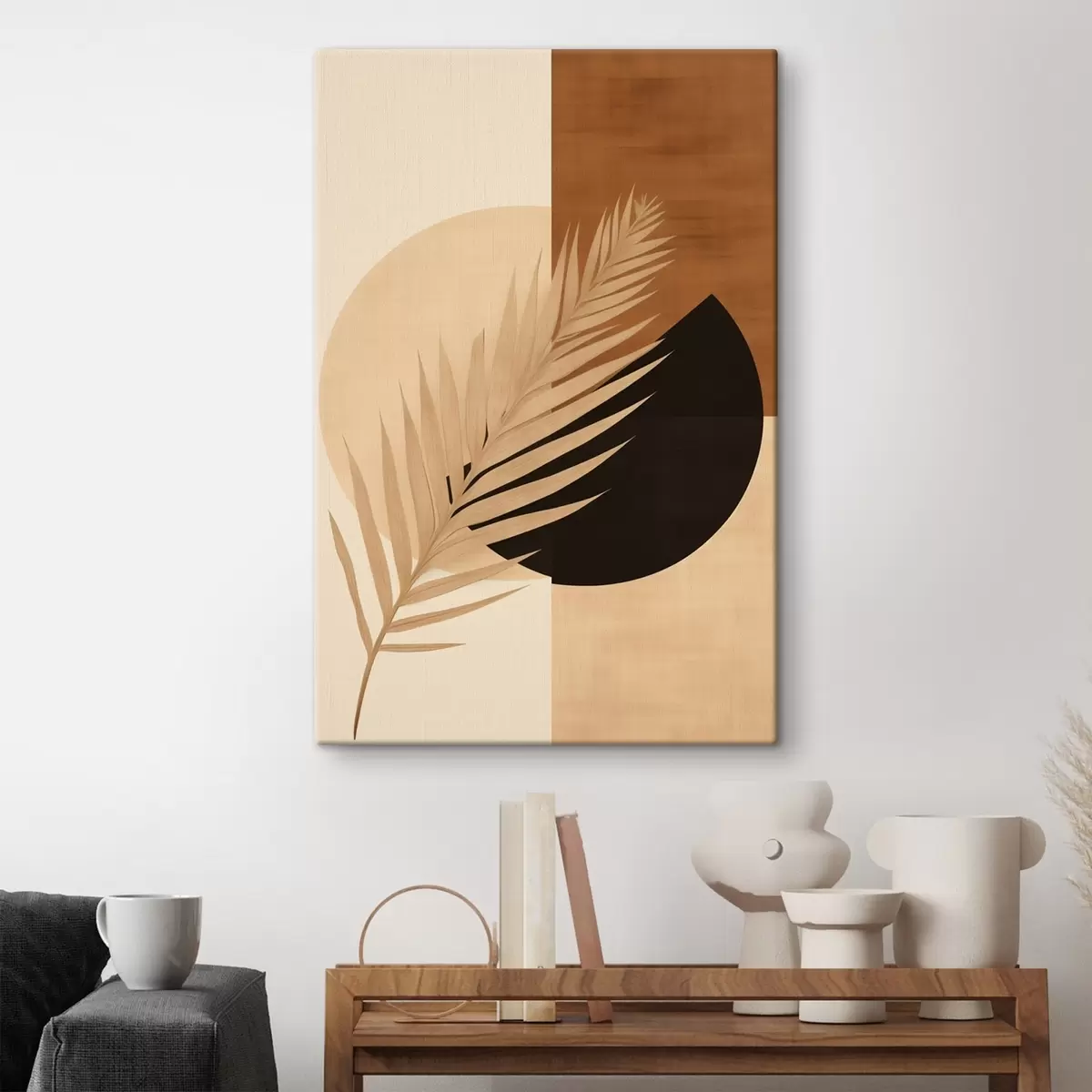 Tableau Feuille de palmier sur géométrie en terre cuite et crème s46490