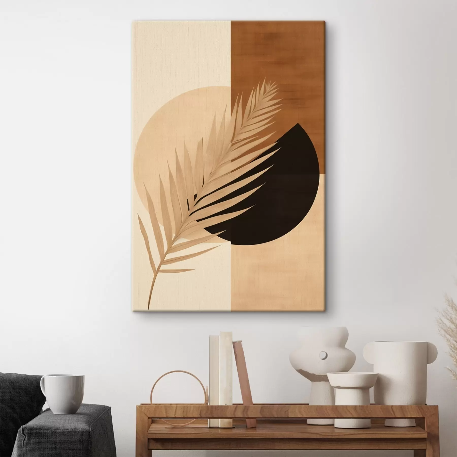 Tableau Feuille de palmier sur géométrie en terre cuite et crème s46490