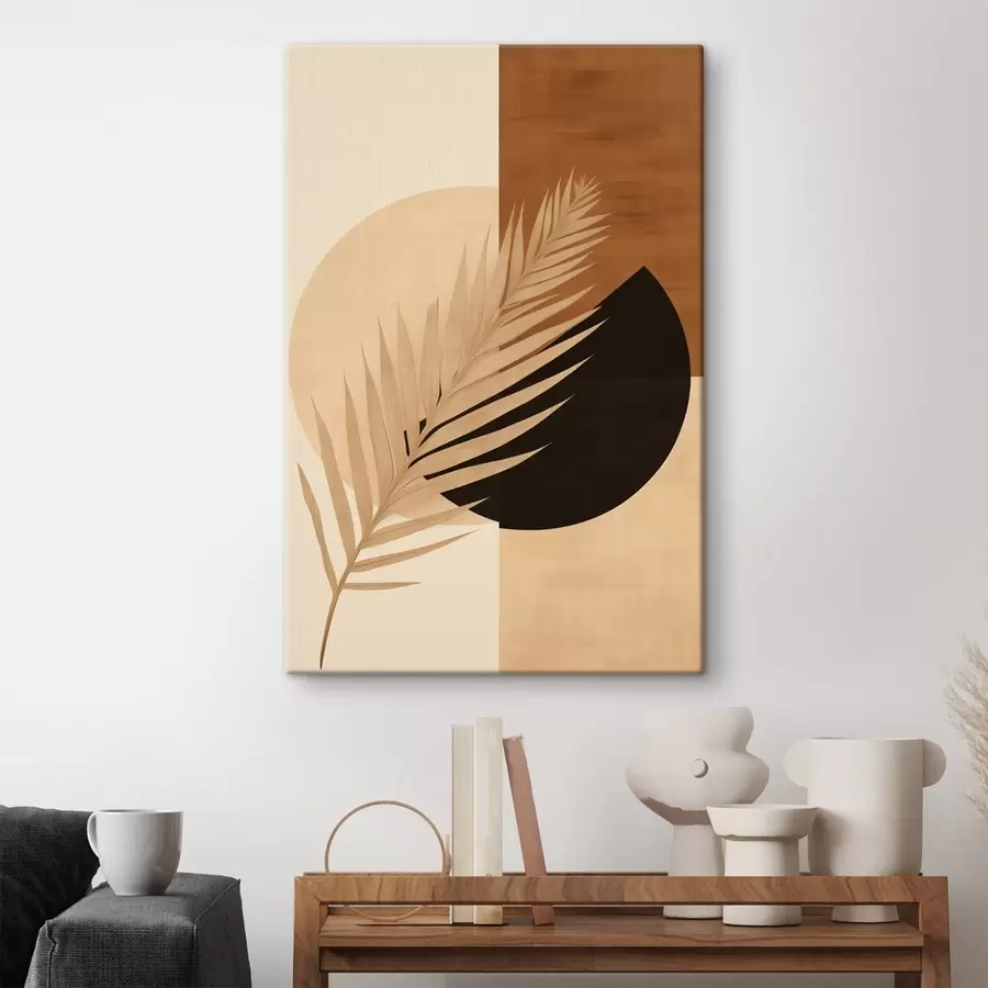 Tableau Feuille de palmier sur géométrie en terre cuite et crème s46490