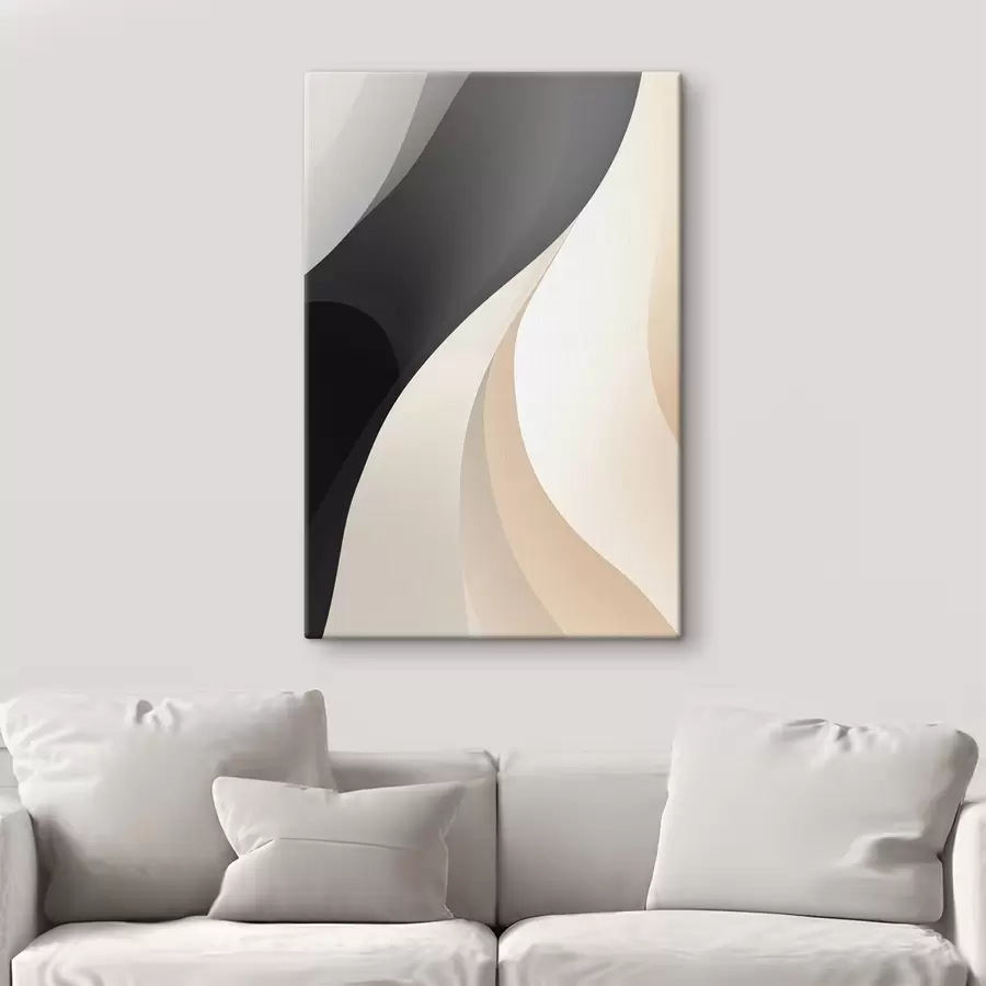 Tableau Courbes élégantes et superposées dans les tons charbon, ivoire et sable s46493