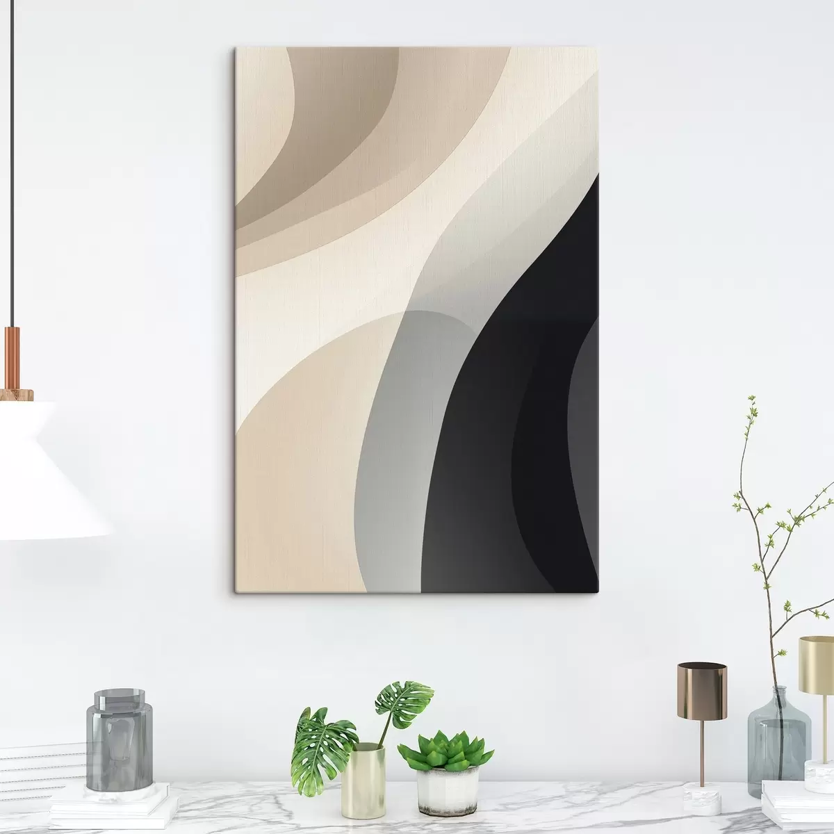 Tableau Formes organiques ondulées dans des tons beige chaud et anthracite s46494