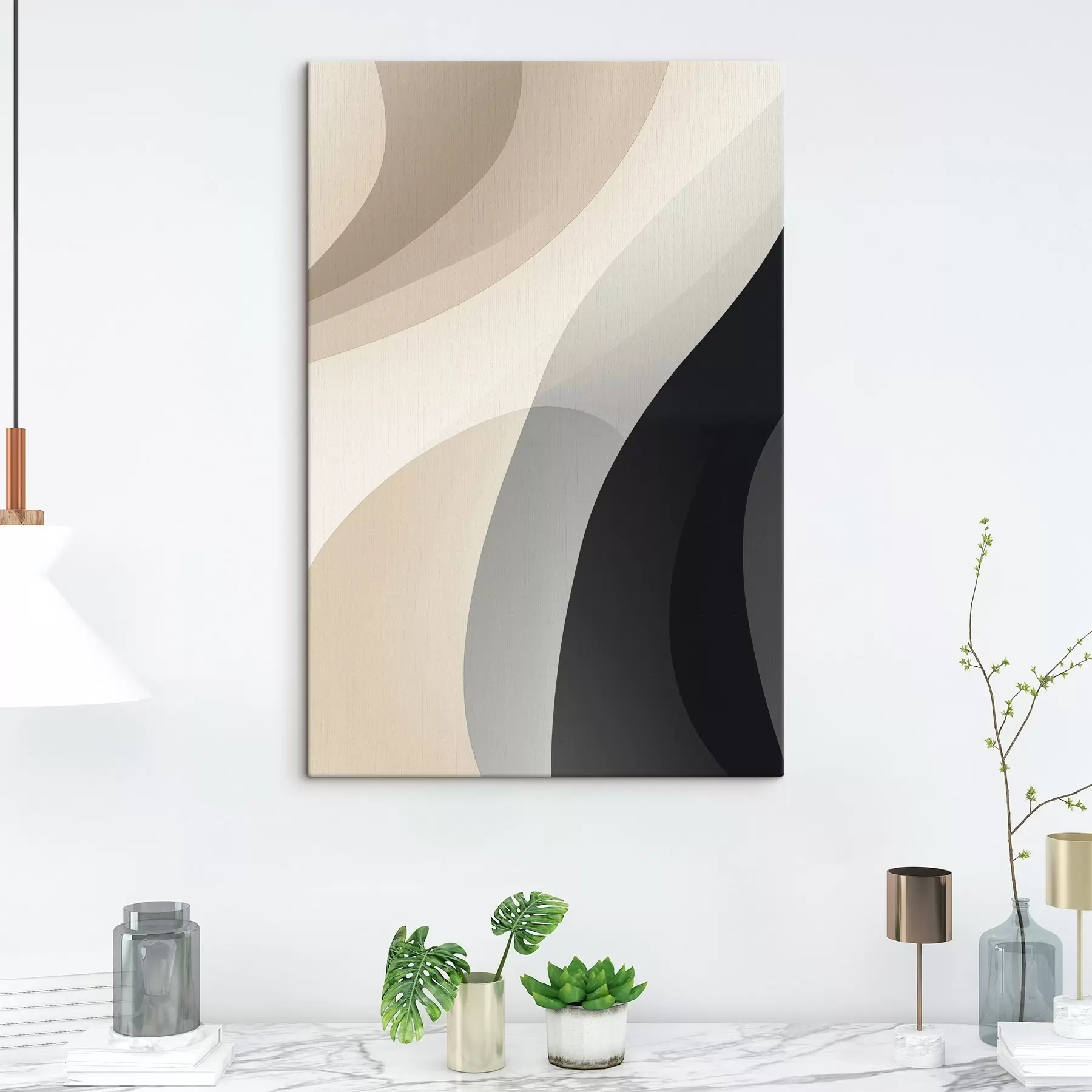 Tableau Formes organiques ondulées dans des tons beige chaud et anthracite s46494