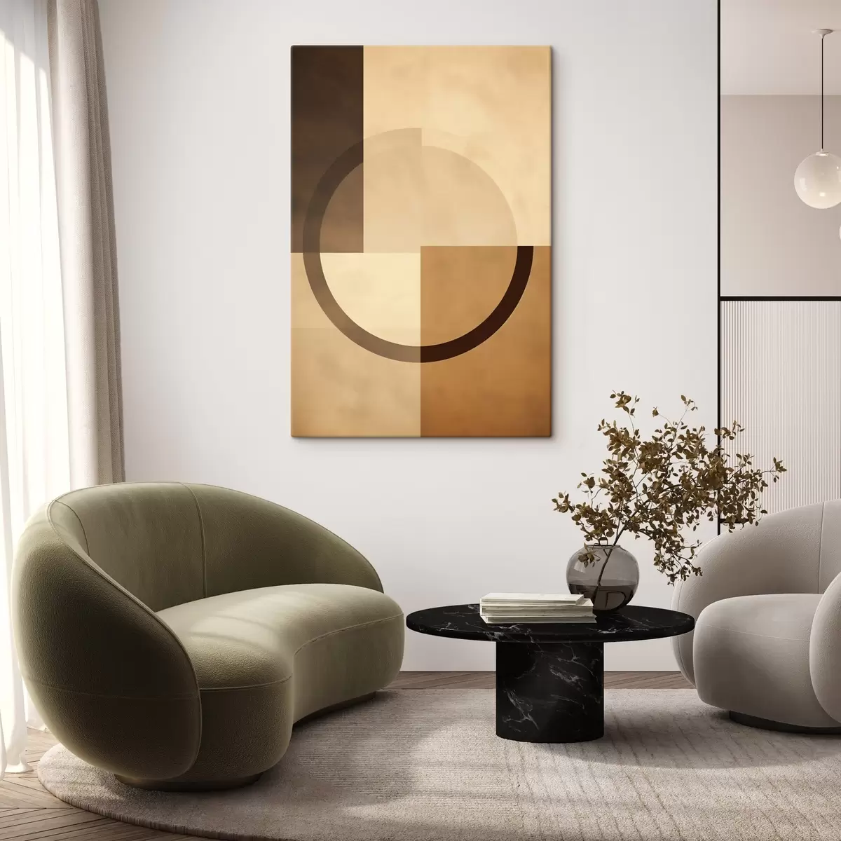 Tableau Carrés discrets avec anneau translucide, palette de couleurs chaudes inspirées de la terre s46498