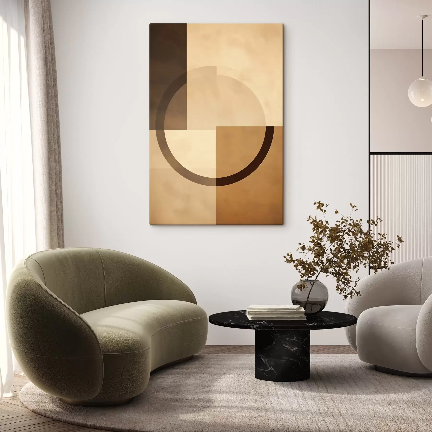 Tableau Carrés discrets avec anneau translucide, palette de couleurs chaudes inspirées de la terre s46498