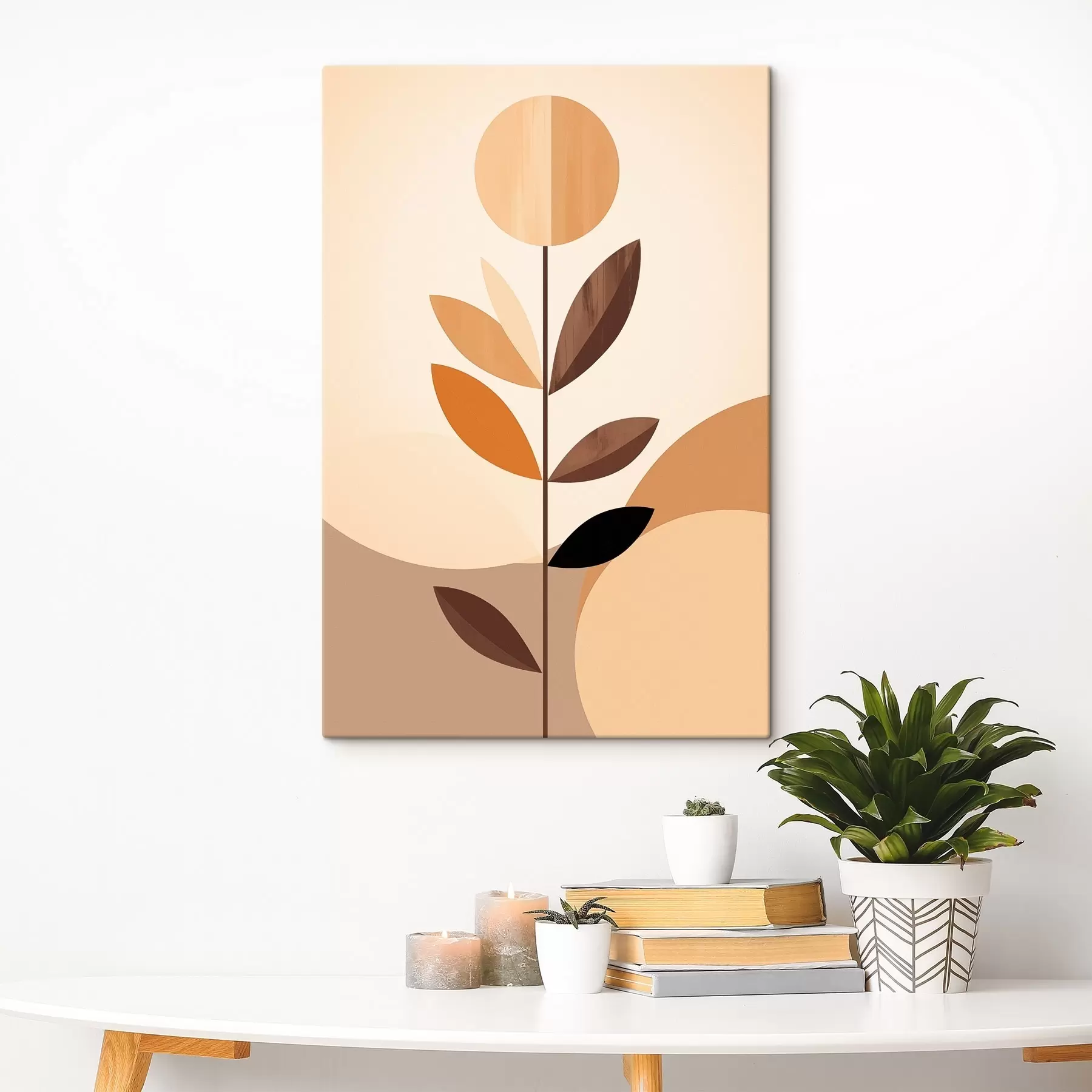 Tableau Fleur stylisée avec des feuilles géométriques dans des tons chauds s46500